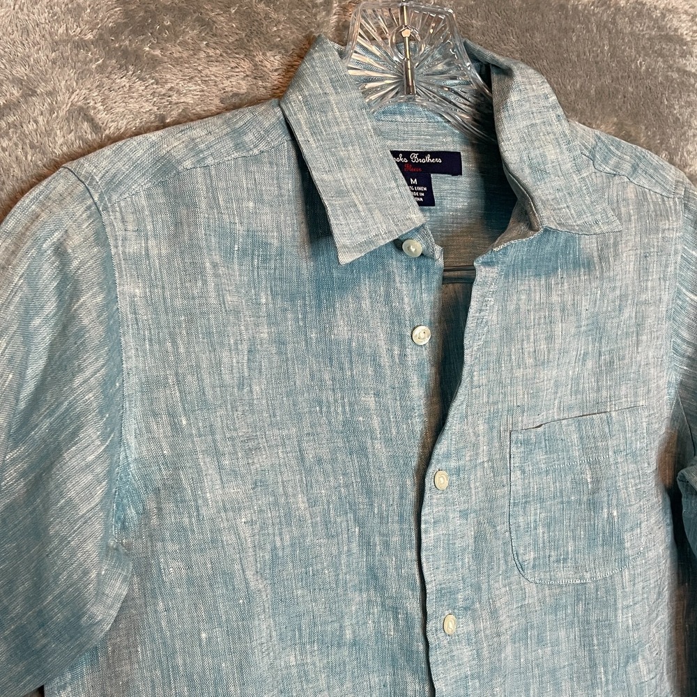 Brook Brothers Red Fleece Boys Slim Tailored Fit Linen Shirt M Blue Quiet Luxury